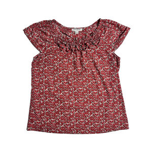 Banana Republic Women's Blouse Top Shirt Geometric Red Smocked Neck Size S